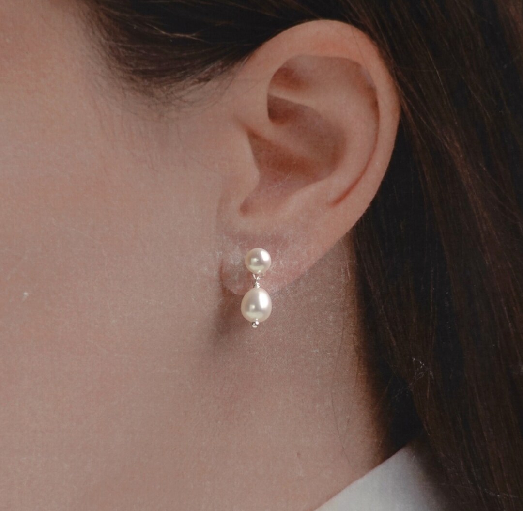 Double Pearl Drop Earring White Pearl Drop Earring Freshwater